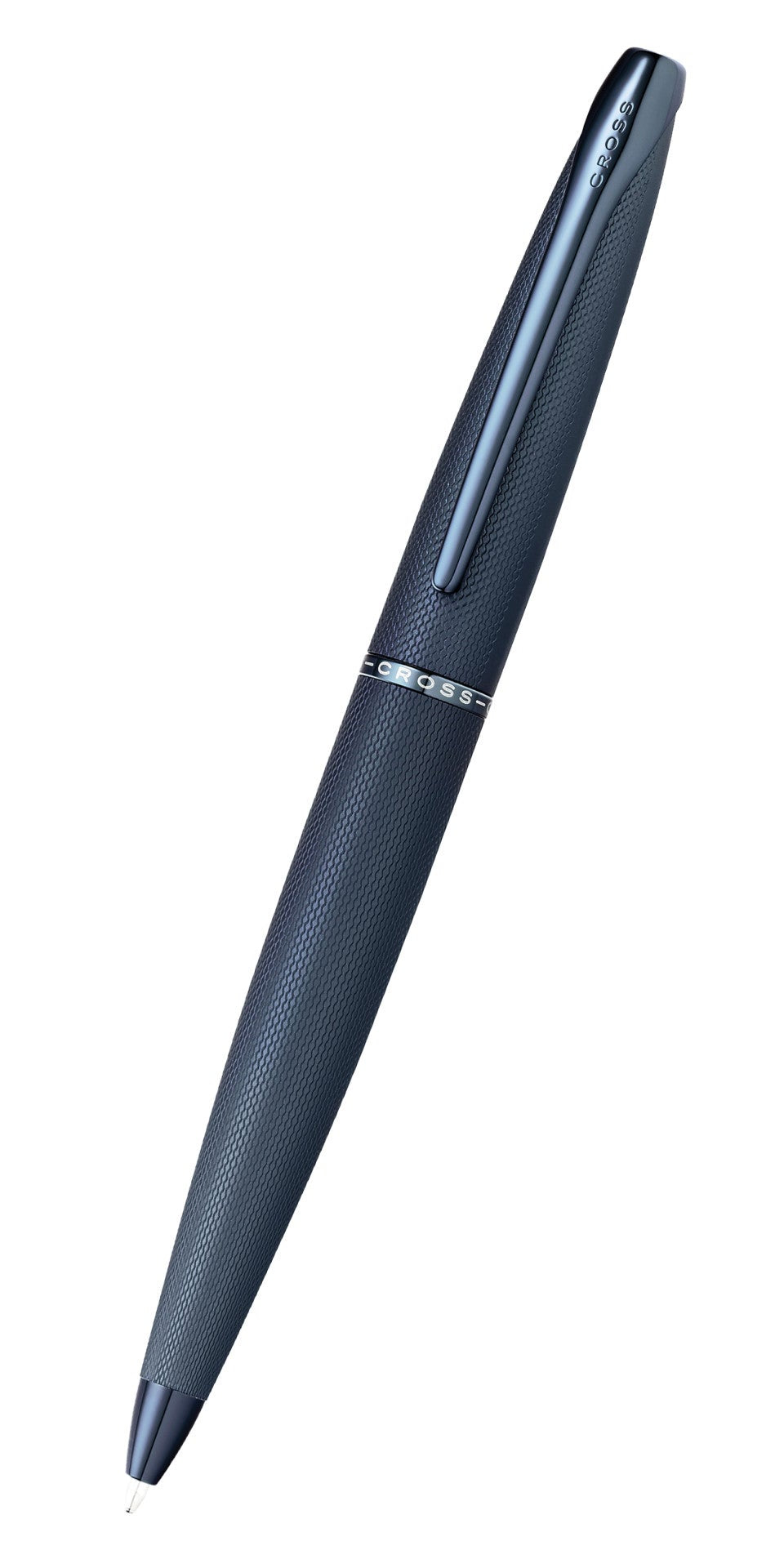Dark blue sandblasted ballpoint pen with textured grip and pointed tip