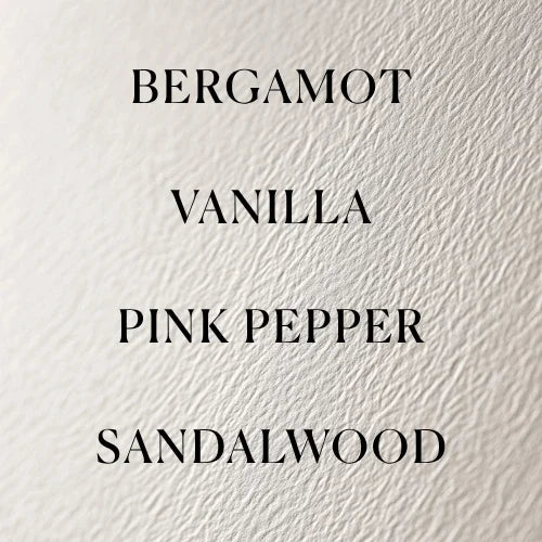 Fragrance notes card: bergamot, vanilla, pink pepper, sandalwood