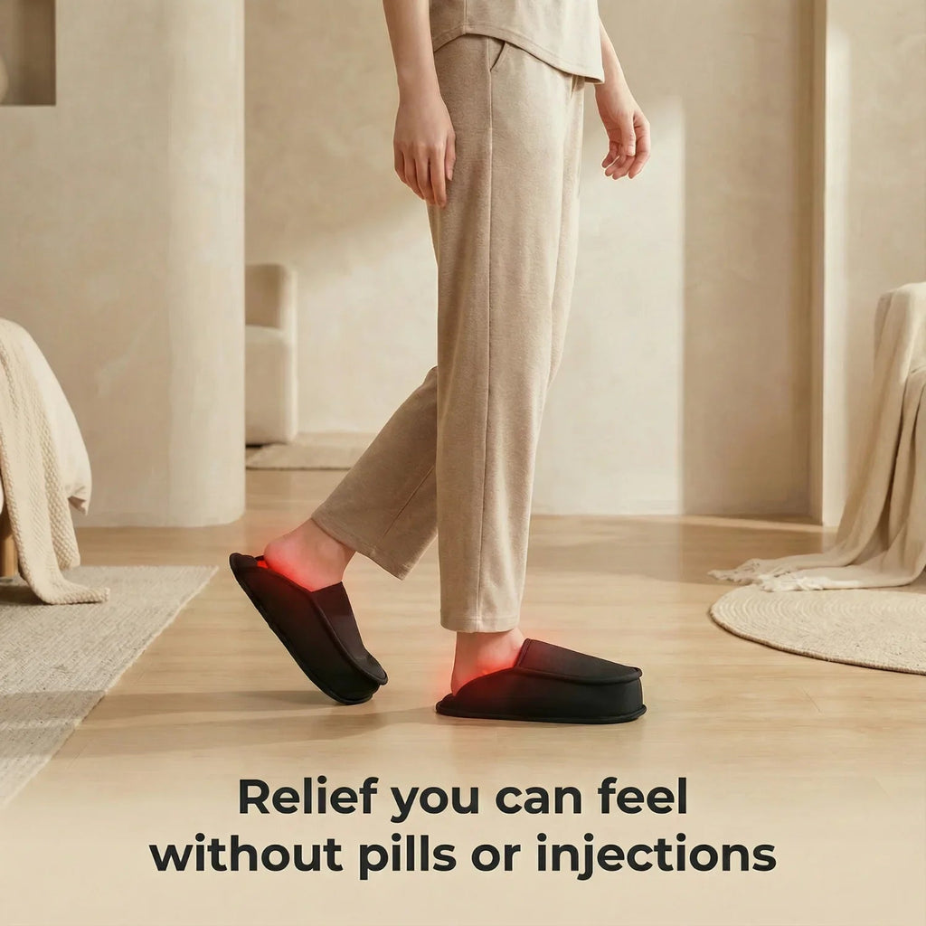Black slippers with red light bands around the heel and toe while standing