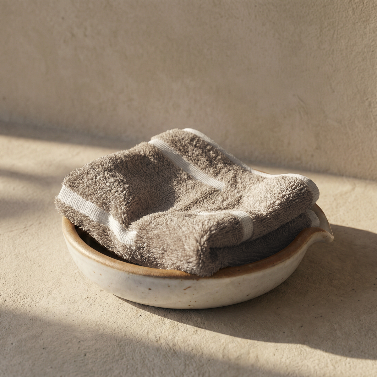 Tan cotton washcloth with ecru stripes, folded for hand drying