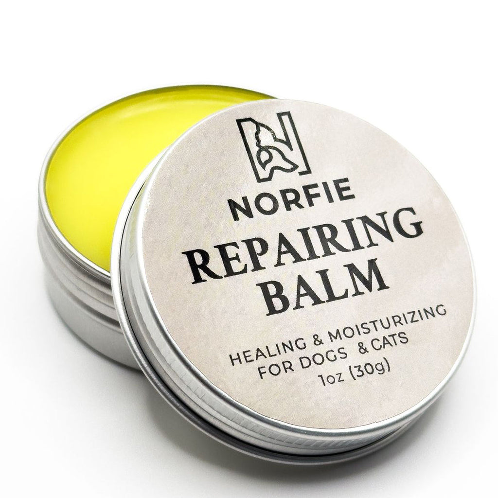 Pet repairing balm tin with circular label and yellow balm base