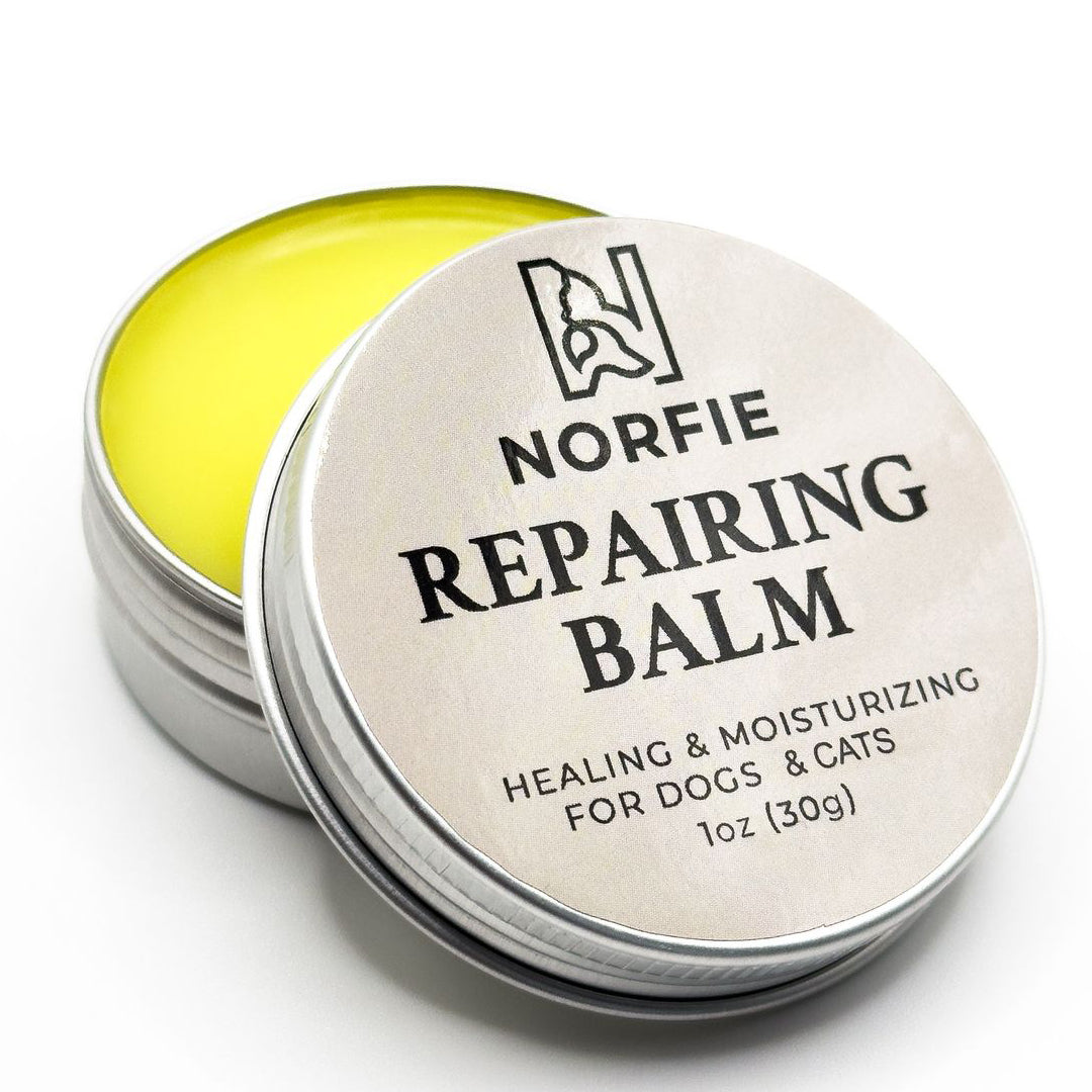 Pet repairing balm tin with circular label and yellow balm base