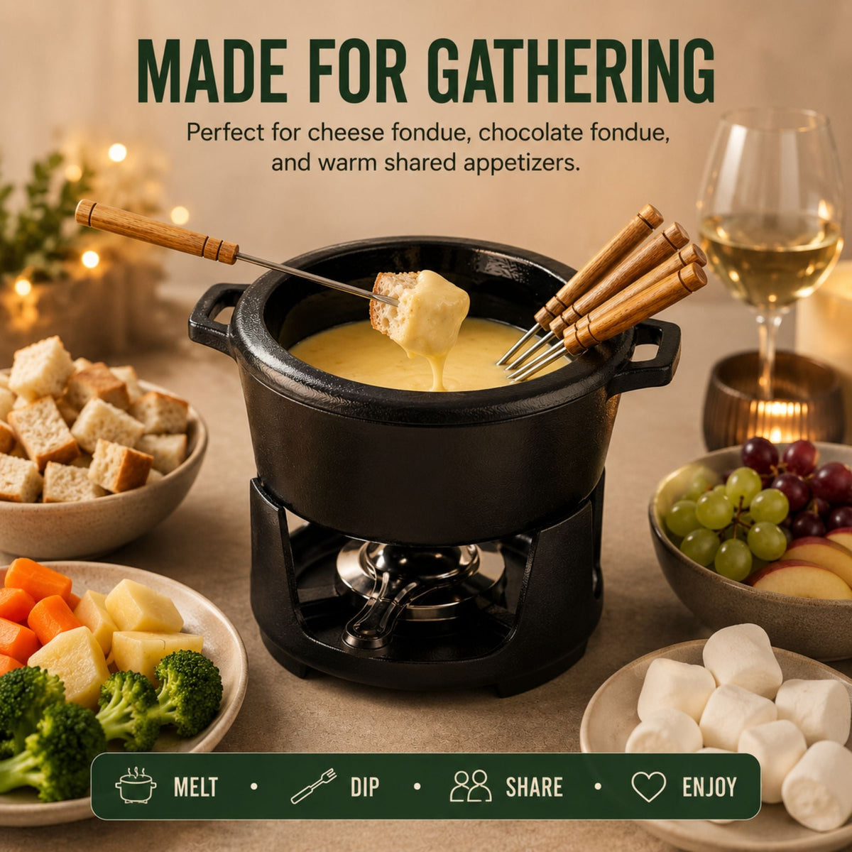 Enameled black fondue pot with wooden forks, filled with melted cheese