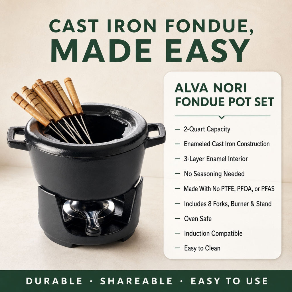 Cast iron fondue pot with wooden forks and burner stand, enameled black