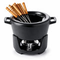 Enameled cast iron fondue pot with black base and 8 wooden dipping forks