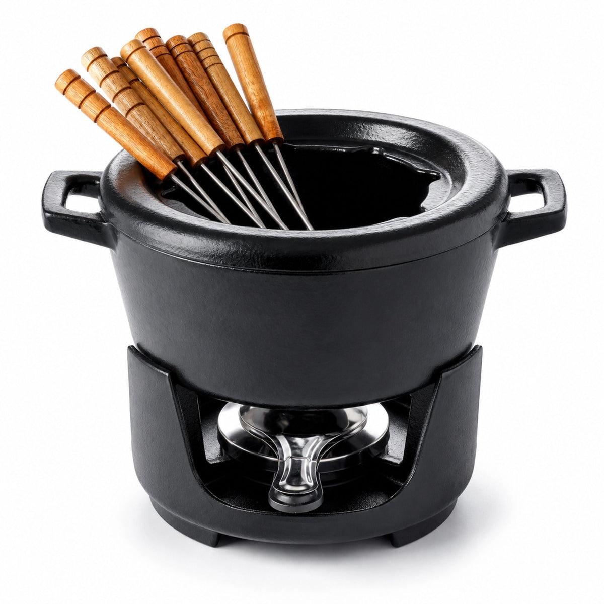 Enameled cast iron fondue pot with black base and 8 wooden dipping forks