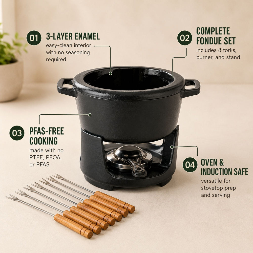 Enameled black fondue pot with side handles and wooden forks laid out