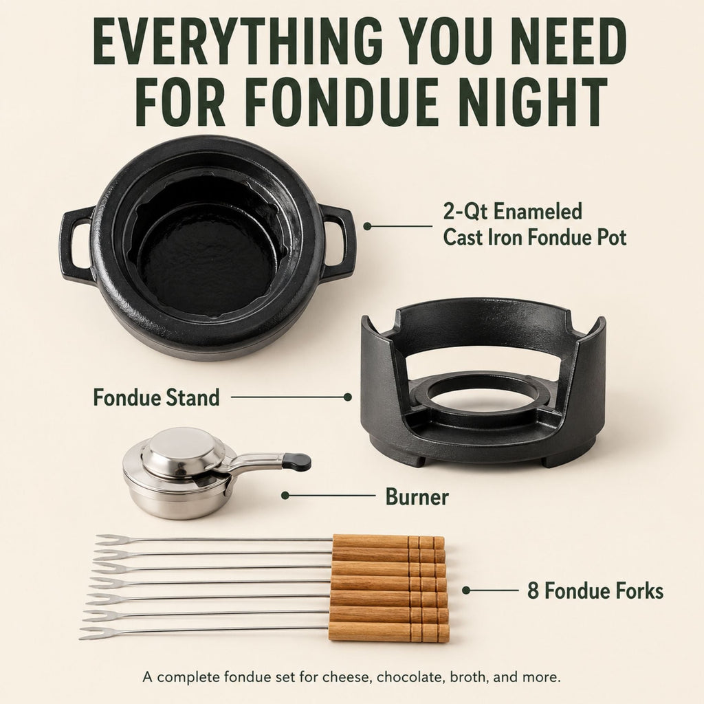 Fondue set with enameled pot, burner, stand, and 8 wooden forks
