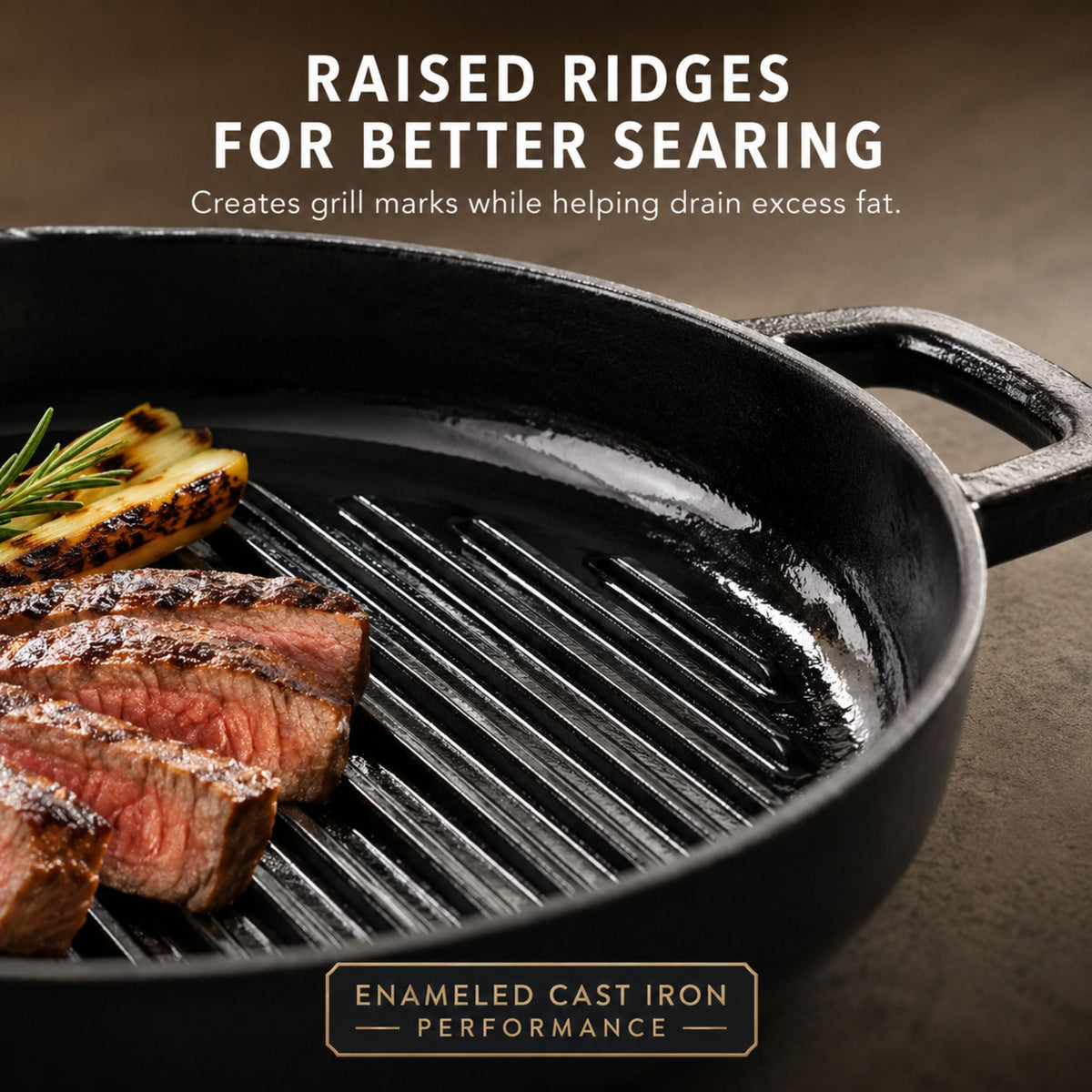 Enameled cast iron grill pan with raised ridges for searing, dual loop handles