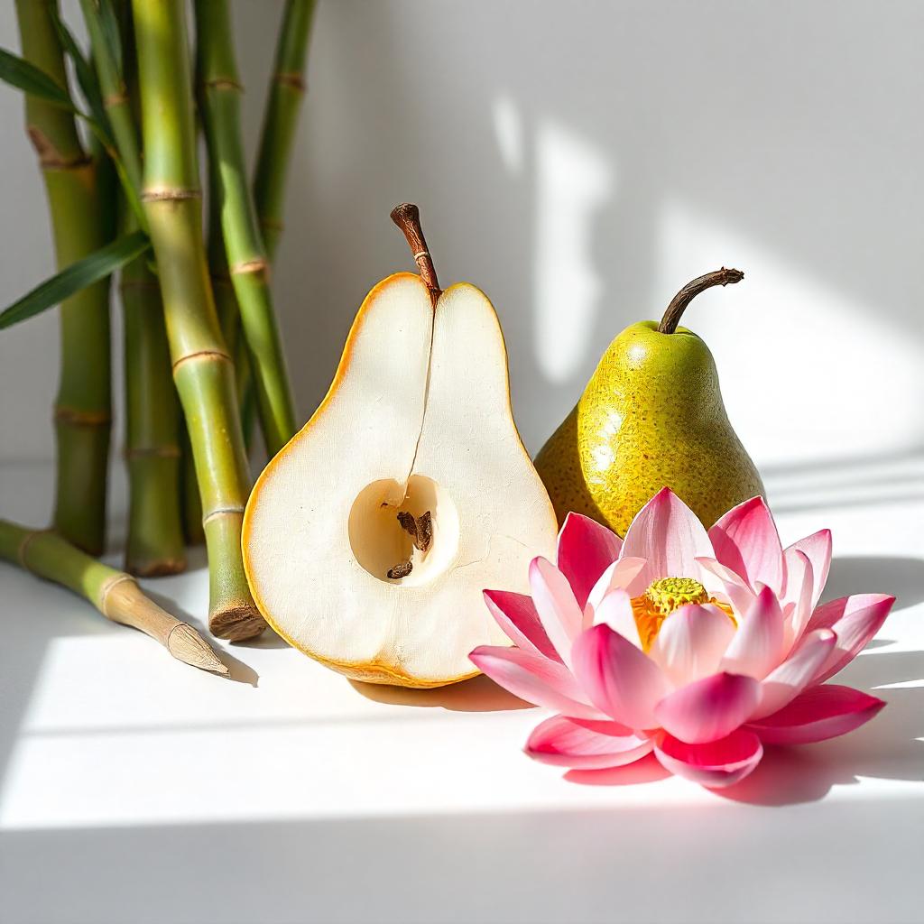Pear halves, pink lotus bloom, and green bamboo stems arranged on a surface.