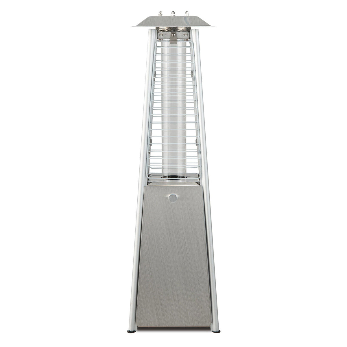 Tall stainless steel patio heater with open glass tube guard, front view