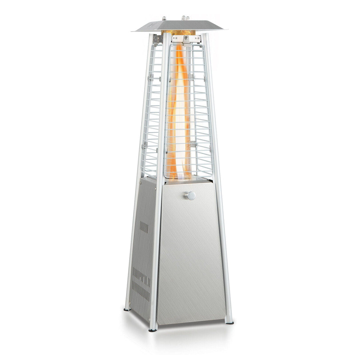 Stainless steel patio heater with protective glass tube and metal base, front view