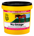 Yellow Nu-Image horse coat, mane & tail supplement bucket with black lid