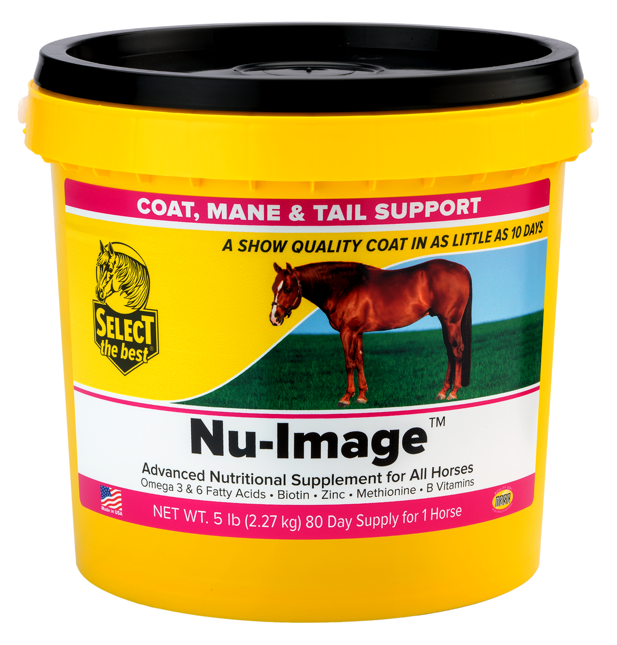 Yellow Nu-Image horse coat, mane & tail supplement bucket with black lid