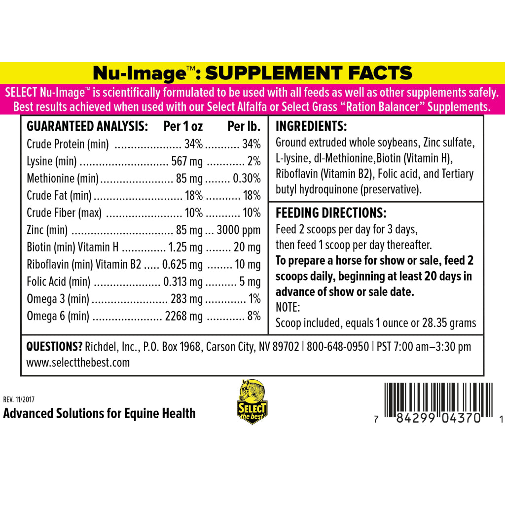 Back of yellow Nu-Image horse coat, mane & tail supplement bucket with ingredient panel