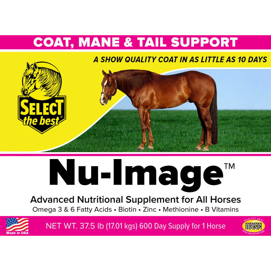 Nu-Image horse coat, mane & tail support supplement bucket front label, yellow