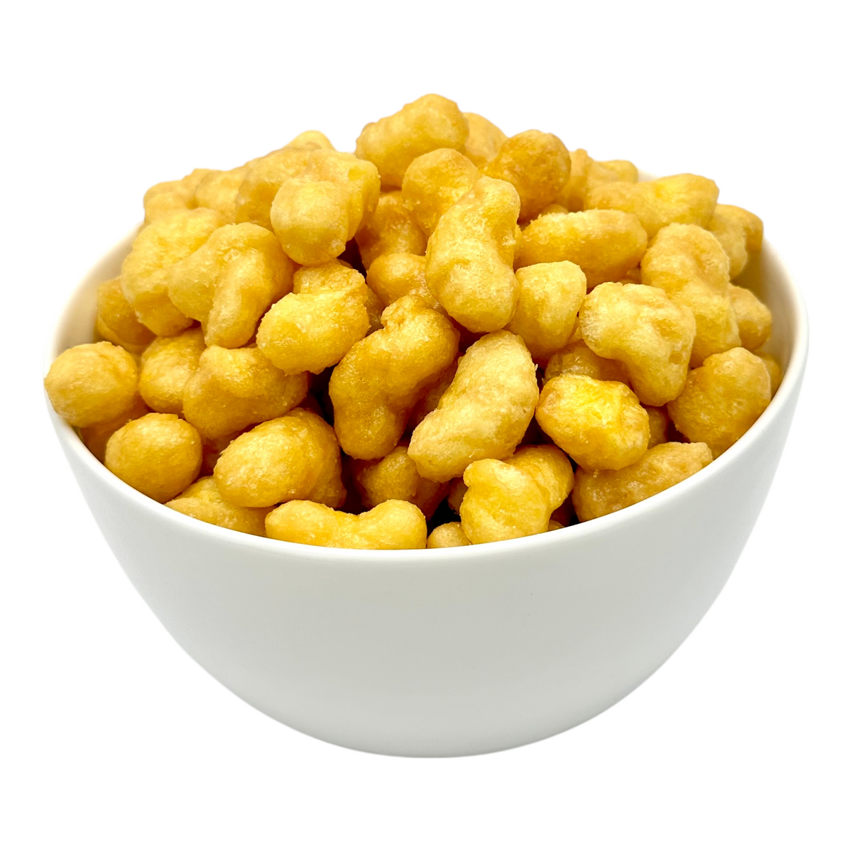 Bowl filled with golden beaver nugget snacks made of crunchy, bite-size pieces.