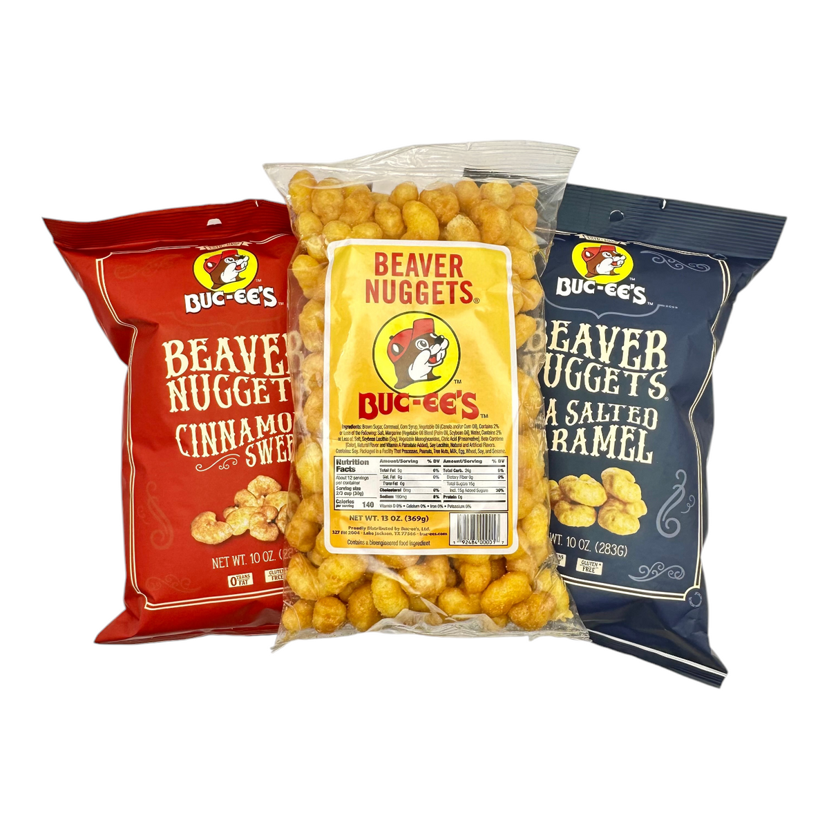 Beaver Nuggets 3-pack with center yellow bag and cinnamon, salted caramel bags