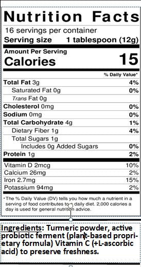 Turmeric powder nutrition facts close-up with ingredients and probiotic ferment notes