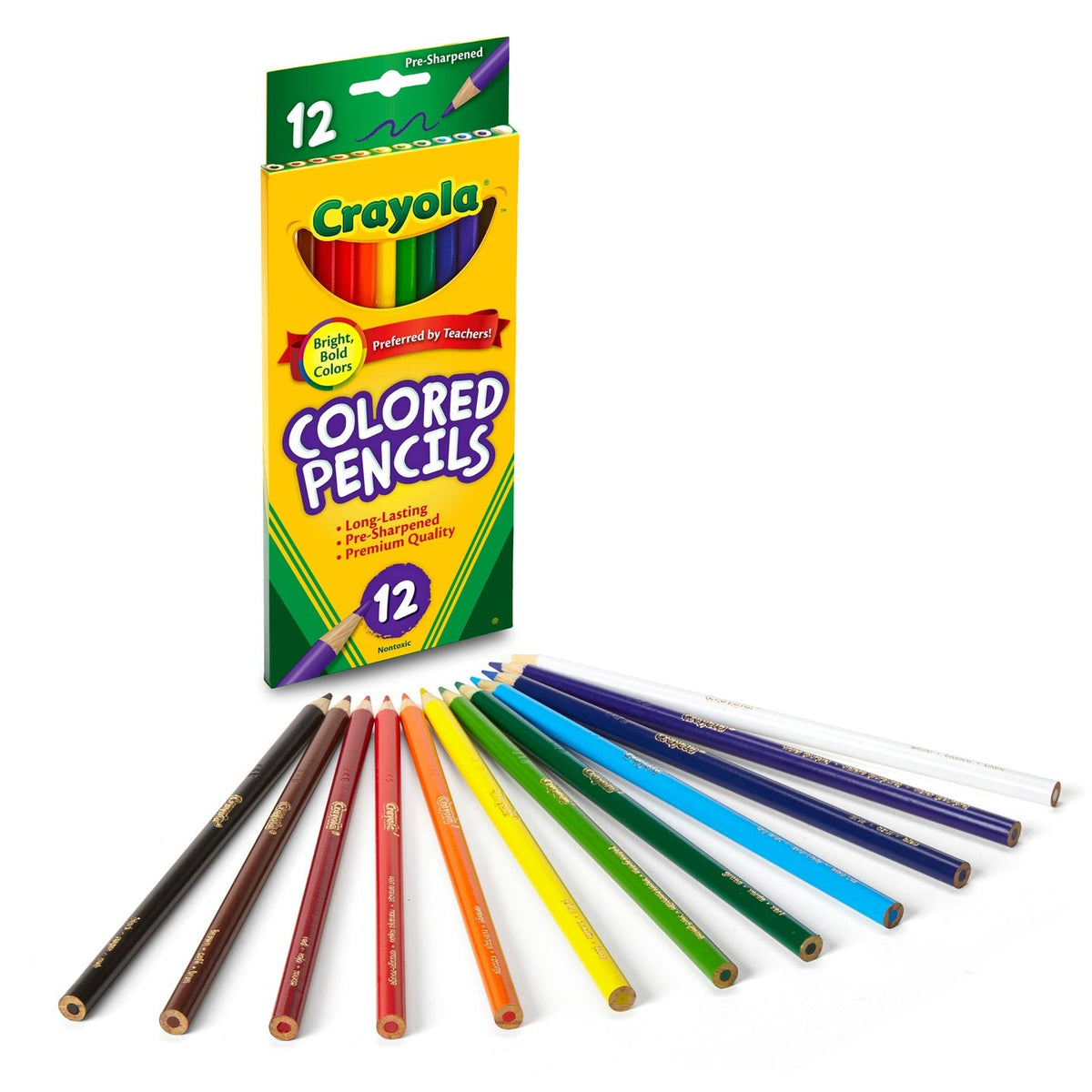 12-count Crayola 7-inch colored pencils, assorted tips laid out, with packaging