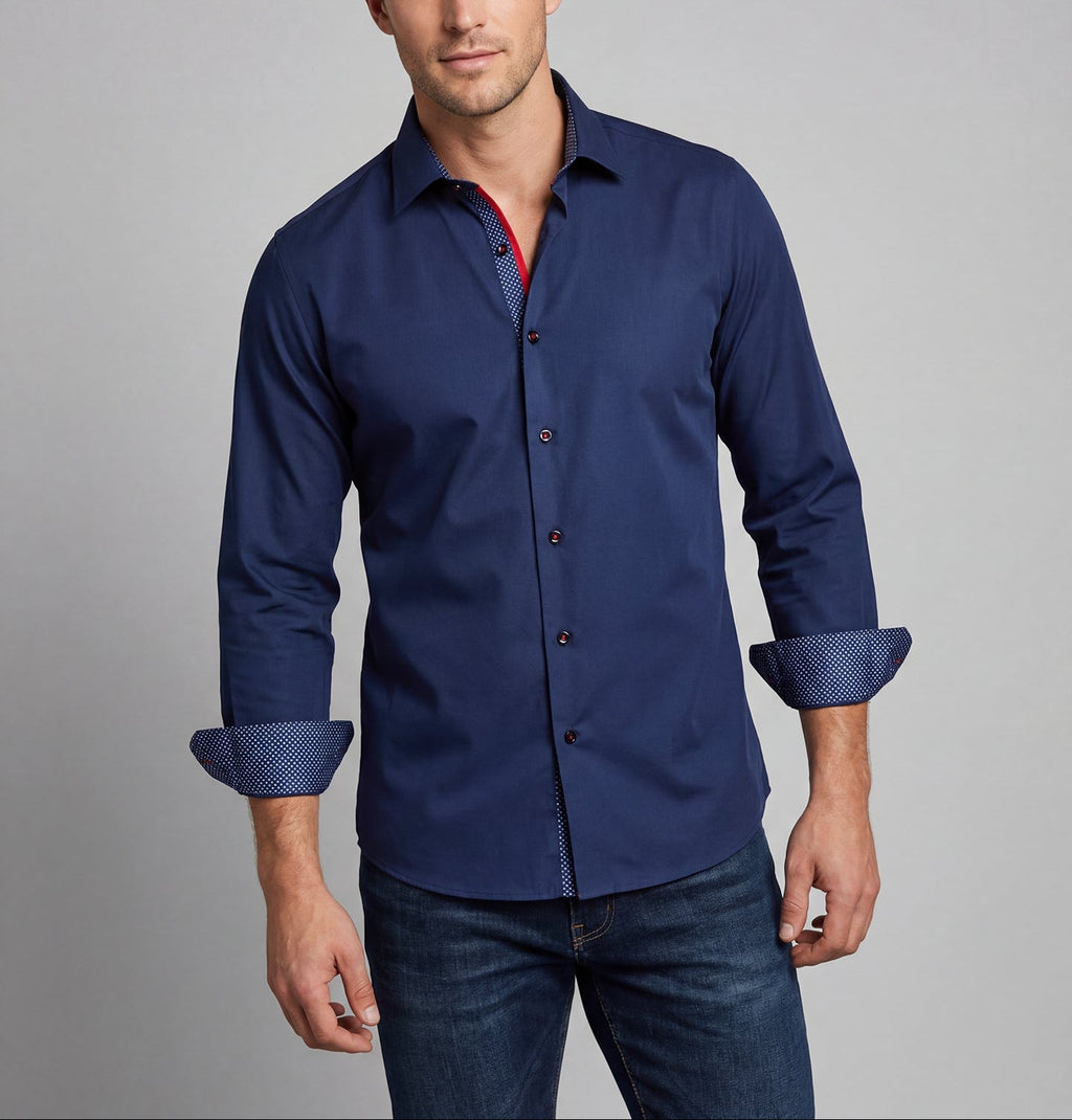 Men's navy button-up shirt with contrast trim, long sleeves, button-front closure.