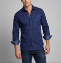Men's navy button-up shirt with contrast trim, long sleeves, button-front closure.