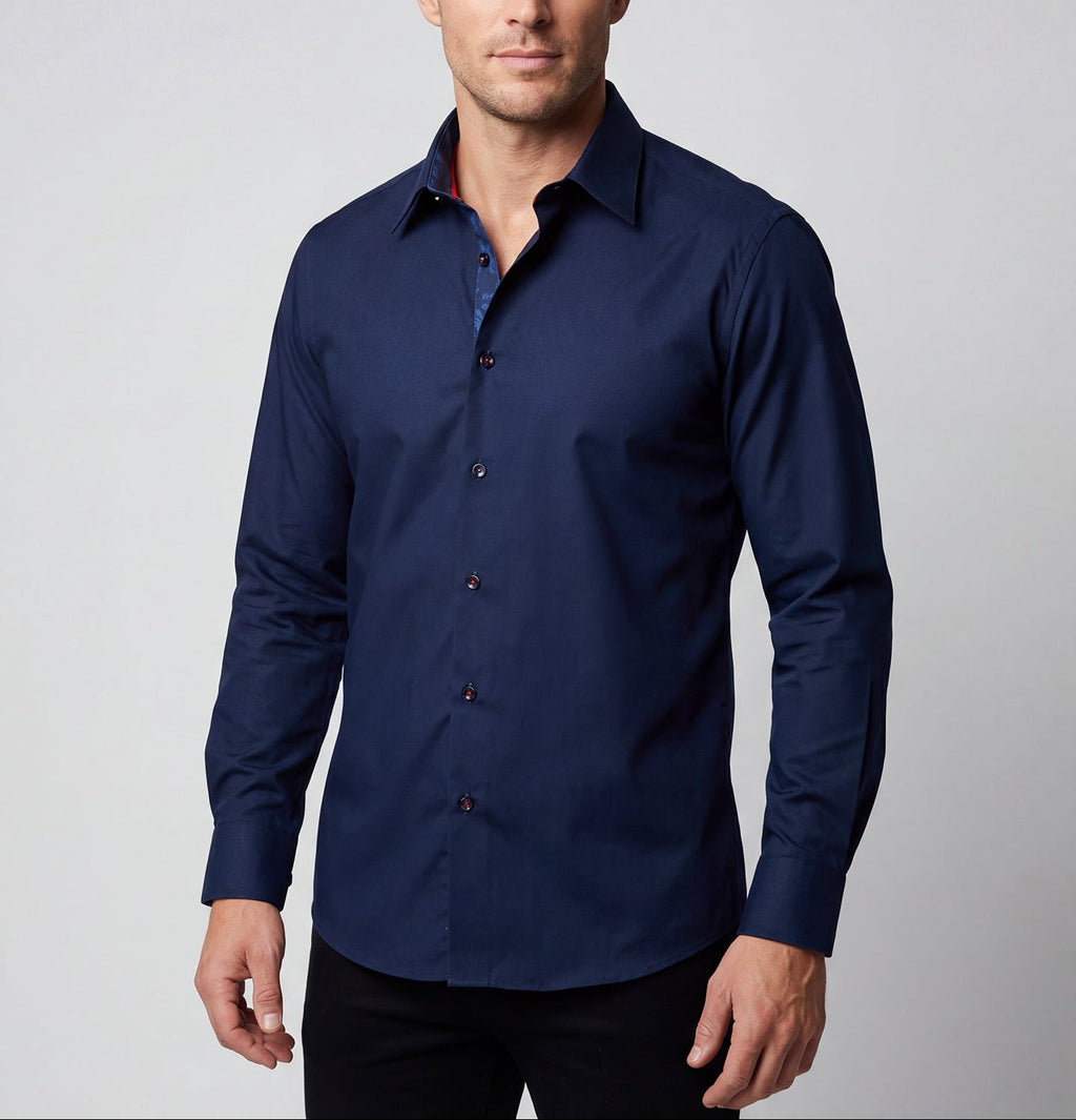 Navy button-up dress shirt, long sleeves, button front