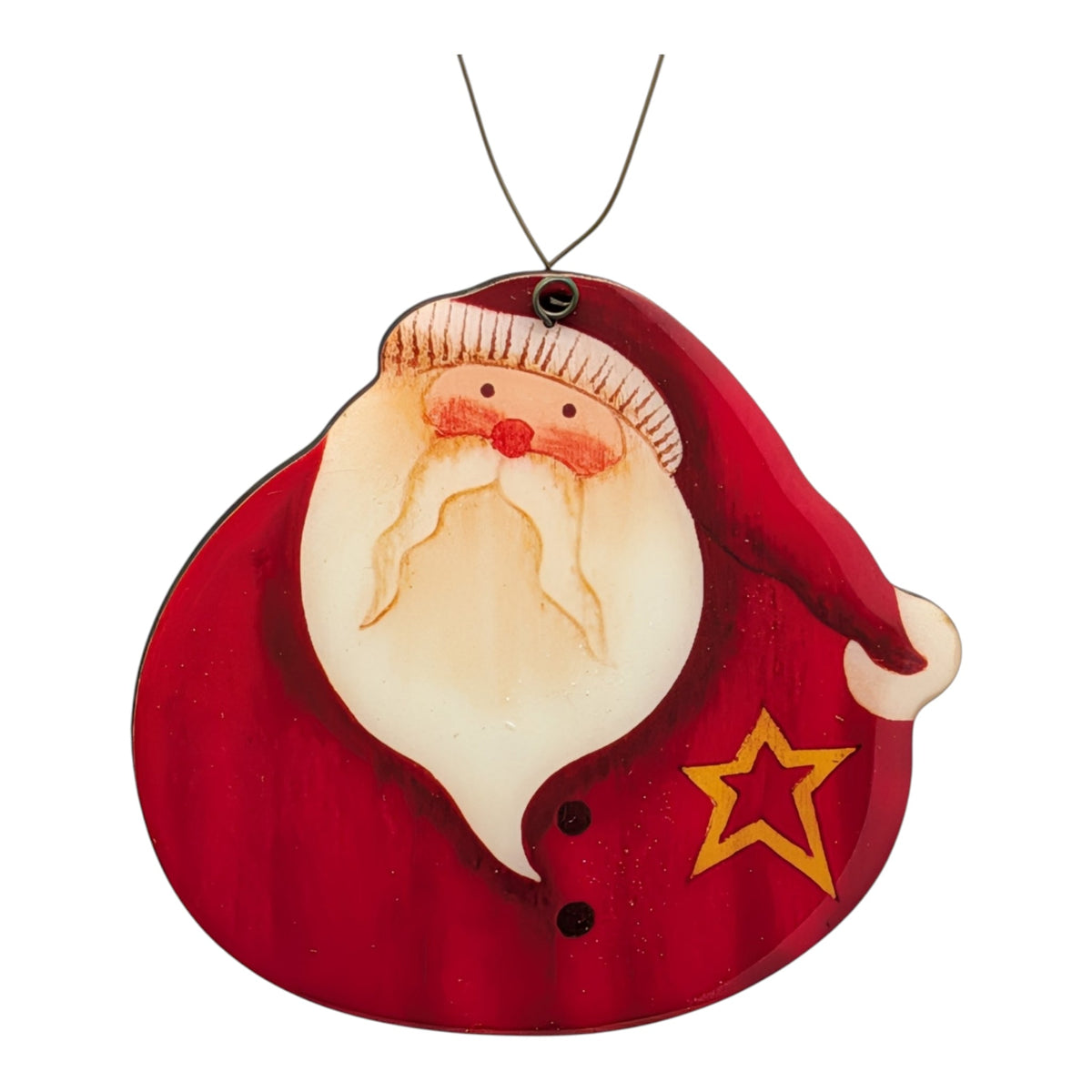 Santa dome ornament with red face, mustache, and gold star side, hanging loop