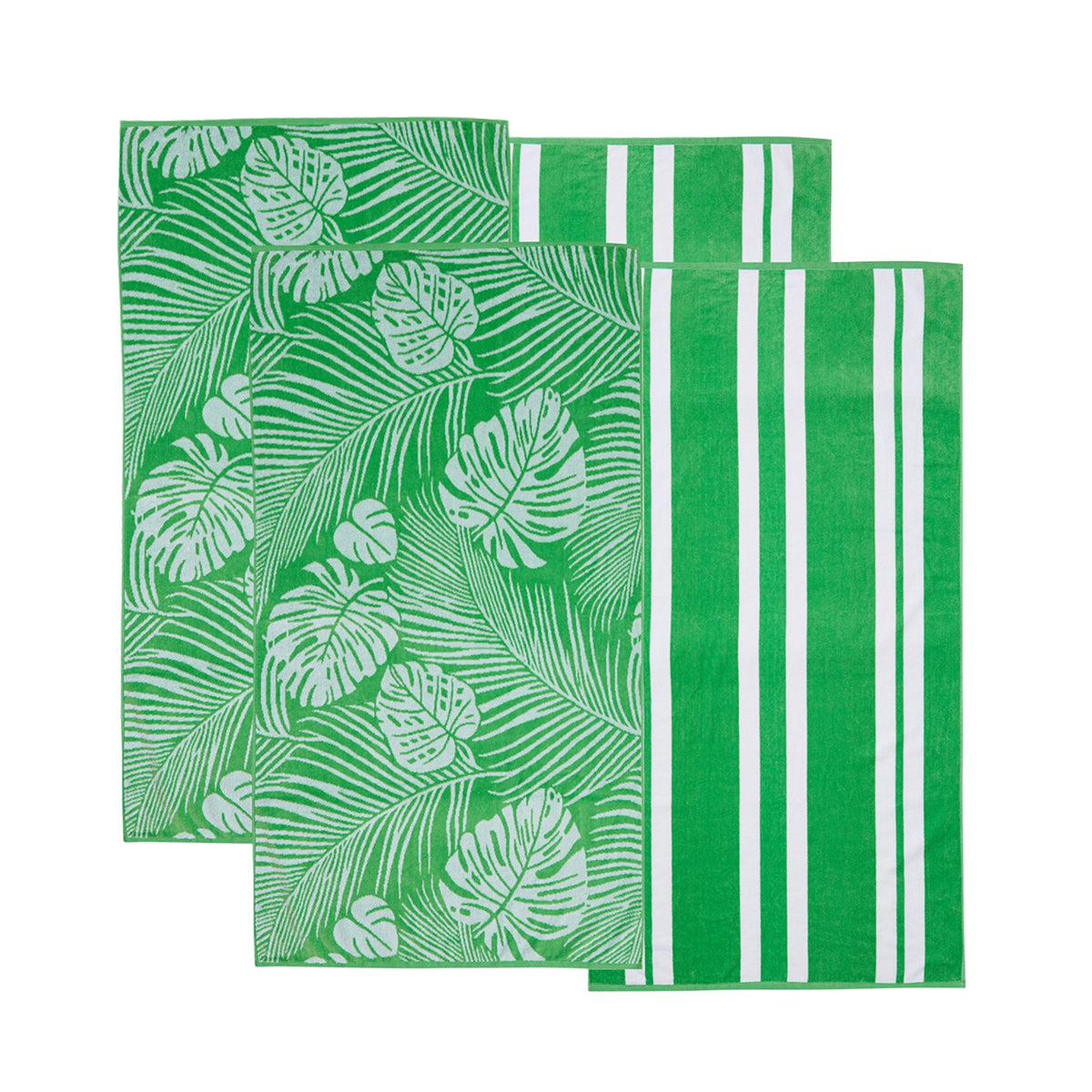 Cotton velour beach towels in green and white with palm leaf and stripe patterns (set of 2)