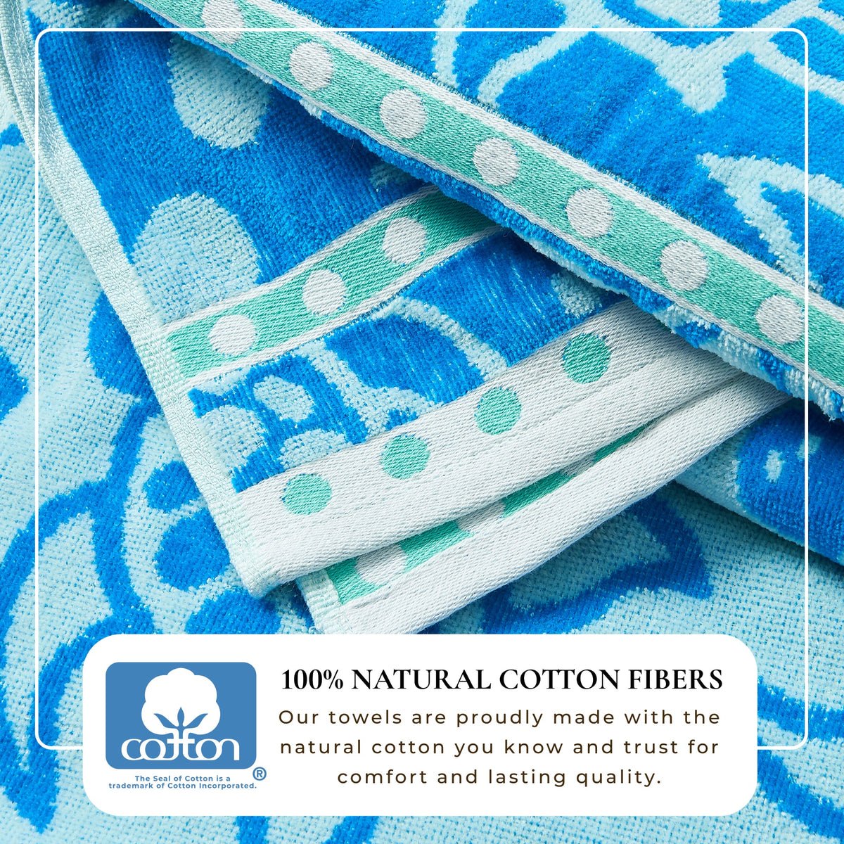Blue cotton velour towel close-up with folded layers and white turtle print
