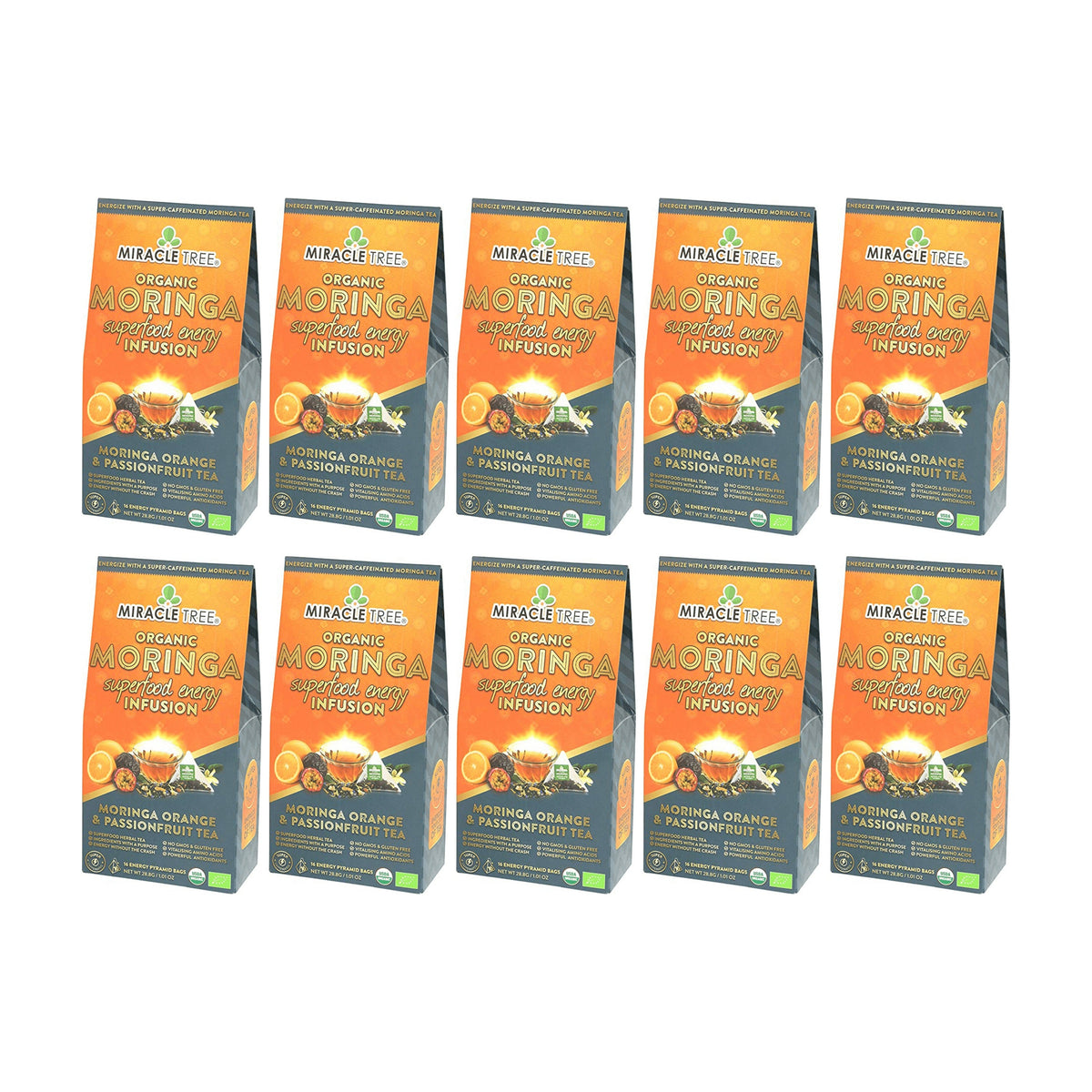 Organic moringa energy tea boxes, orange passionfruit flavor, multiple pack