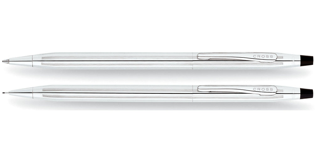 Chrome pen and pencil set, CROSS logo on clip, black end caps