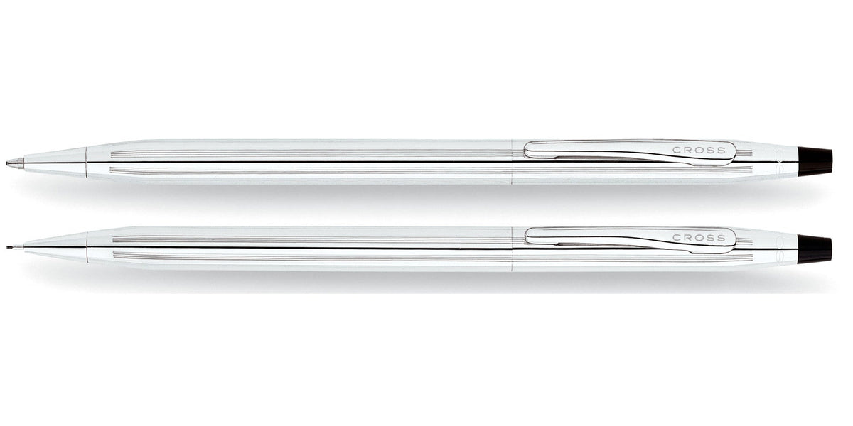 Chrome pen and pencil set, CROSS logo on clip, black end caps