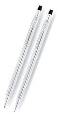 Lustrous chrome pen and pencil set with black tips, two-piece slim design