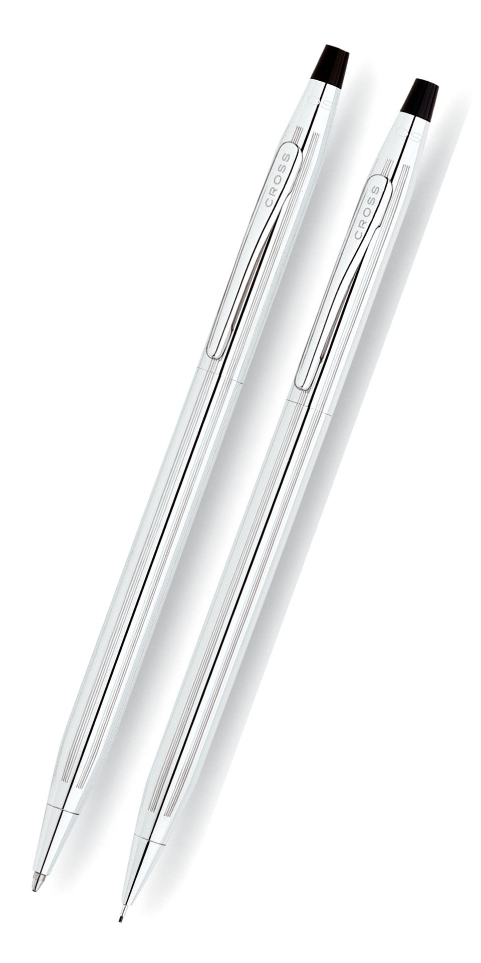 Lustrous chrome pen and pencil set with black tips, two-piece slim design