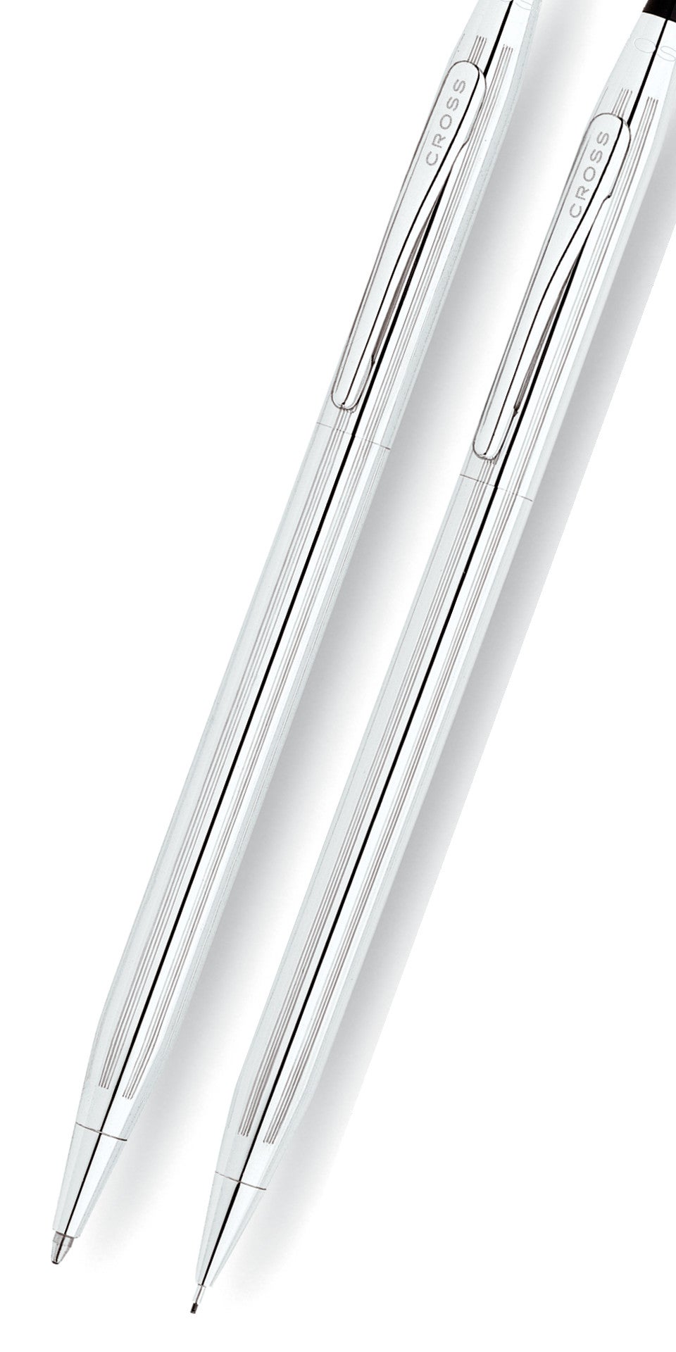 Chrome pen and pencil pair with black tips and embossed barrel details