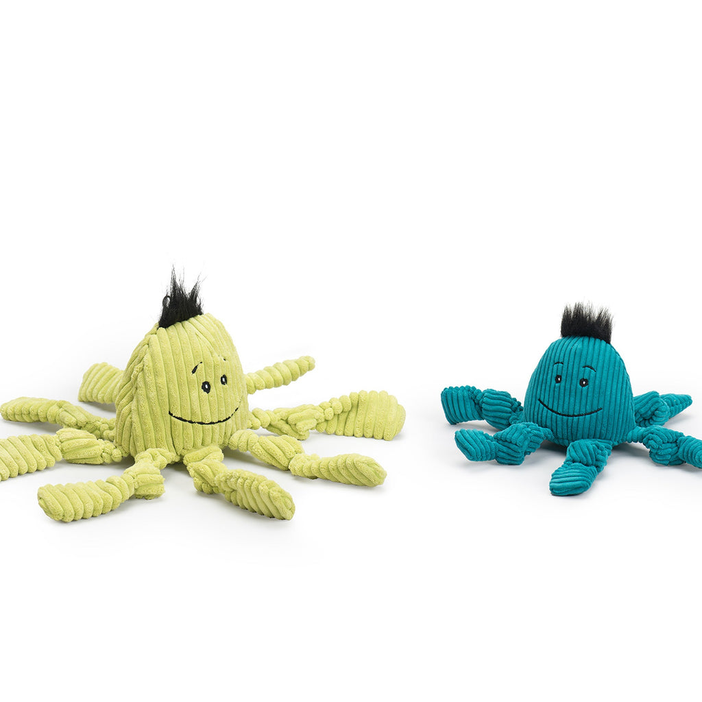 Plush octopus dog toy set: lime green and teal, each with smiling face and knottie limbs