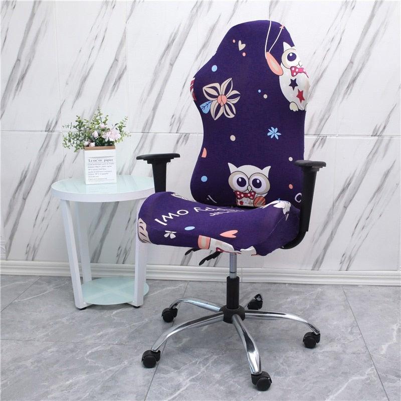 Stretch office chair cover in purple with cute owl cartoon print