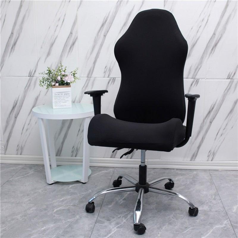 Black fitted stretch chair protector cover with armrest cutouts for desk and gaming chairs.