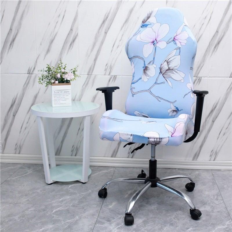 Gaming chair cover in light blue with white flower and leaf pattern