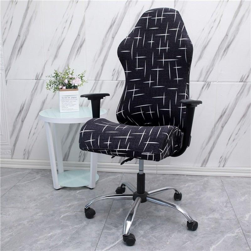 Stretch office chair cover in black with white grid and line pattern