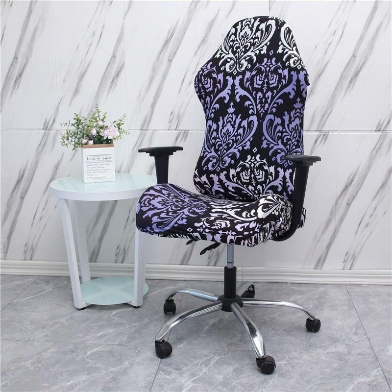 Stretch spandex chair cover with black base and white damask swirl pattern