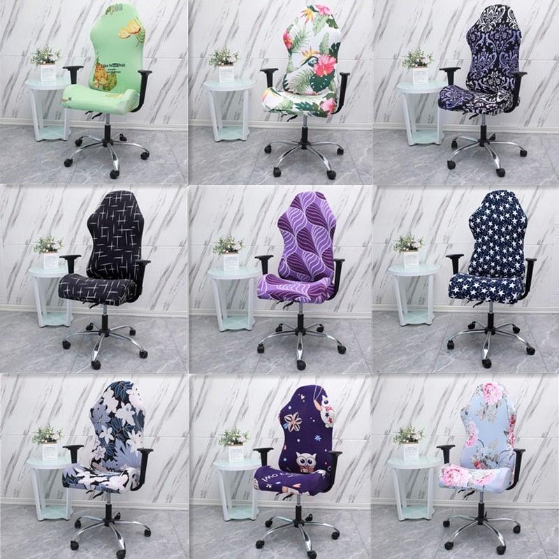 Stretch spandex chair cover with assorted prints for office gaming chair, zip fit