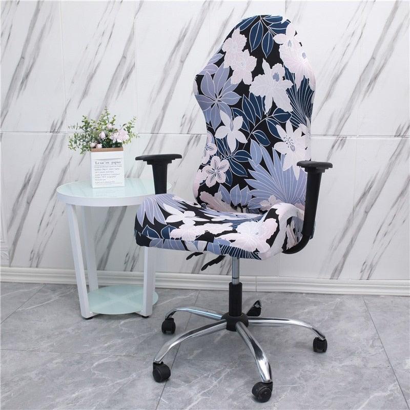 Stretch office chair cover with navy blue and white floral print
