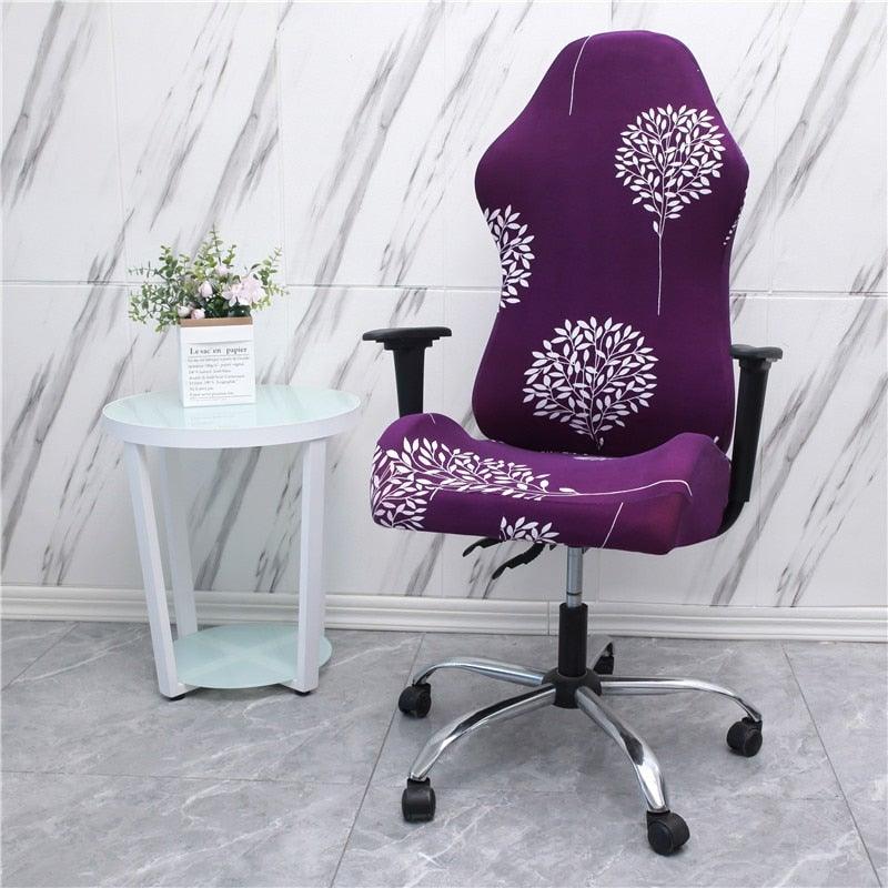 Dark purple tree-pattern stretch chair cover for office gaming chair with arm openings.