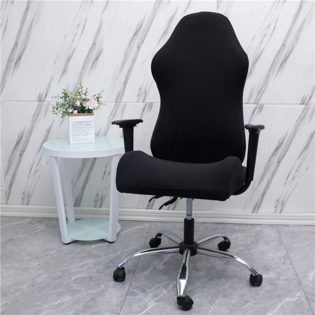Black stretch chair cover, fitted over seat, backrest, and armrests for desk chairs.