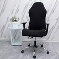 Black stretch chair cover, fitted over seat, backrest, and armrests for desk chairs.