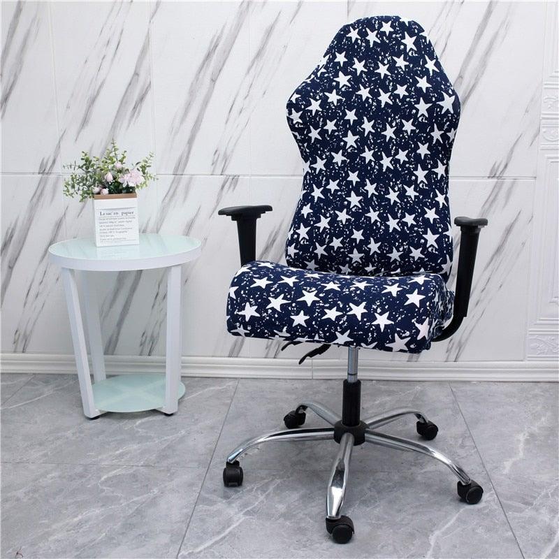 Navy star-print stretch chair cover for office gaming chair with arm openings.