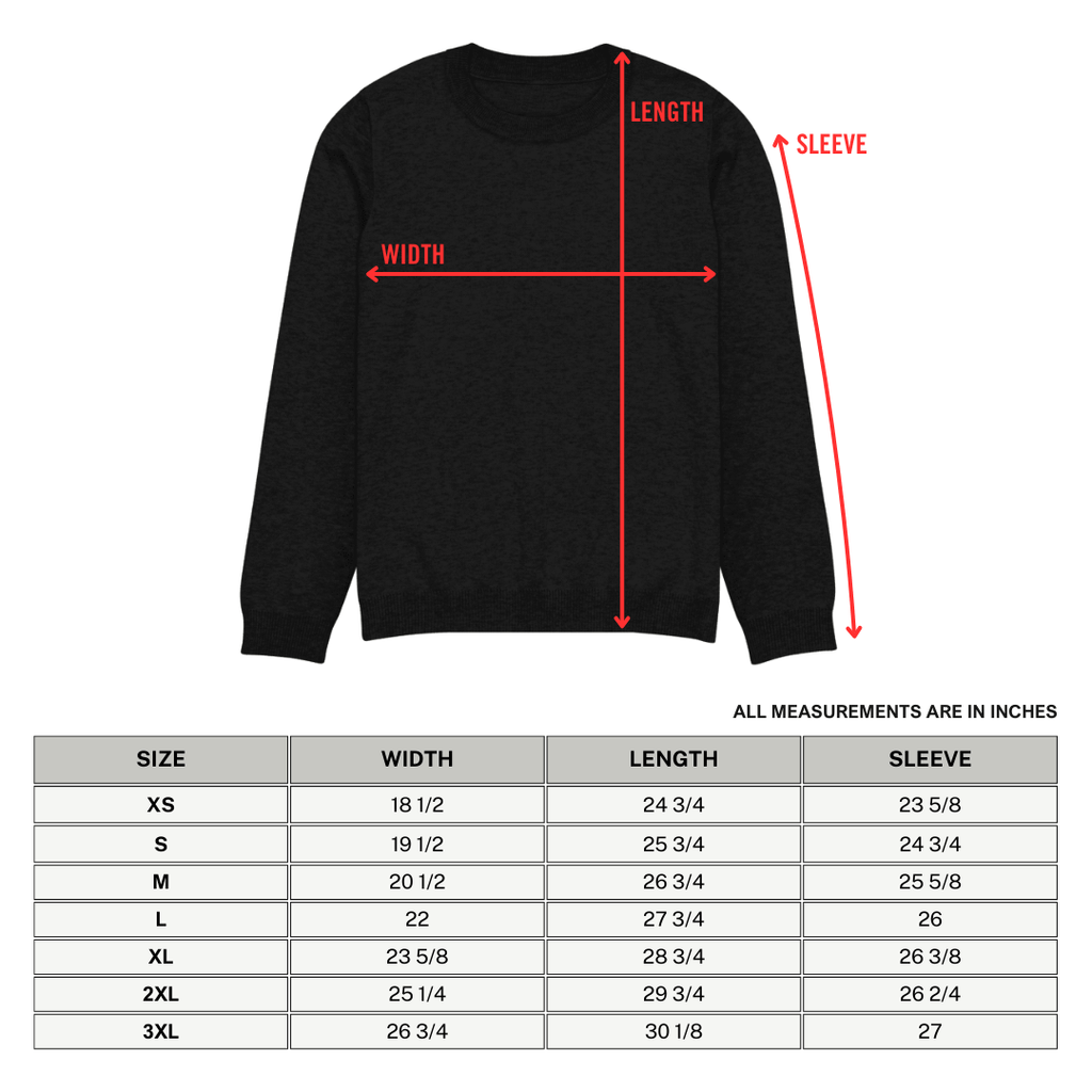 Black knit crewneck sweater with long sleeves, pullover design