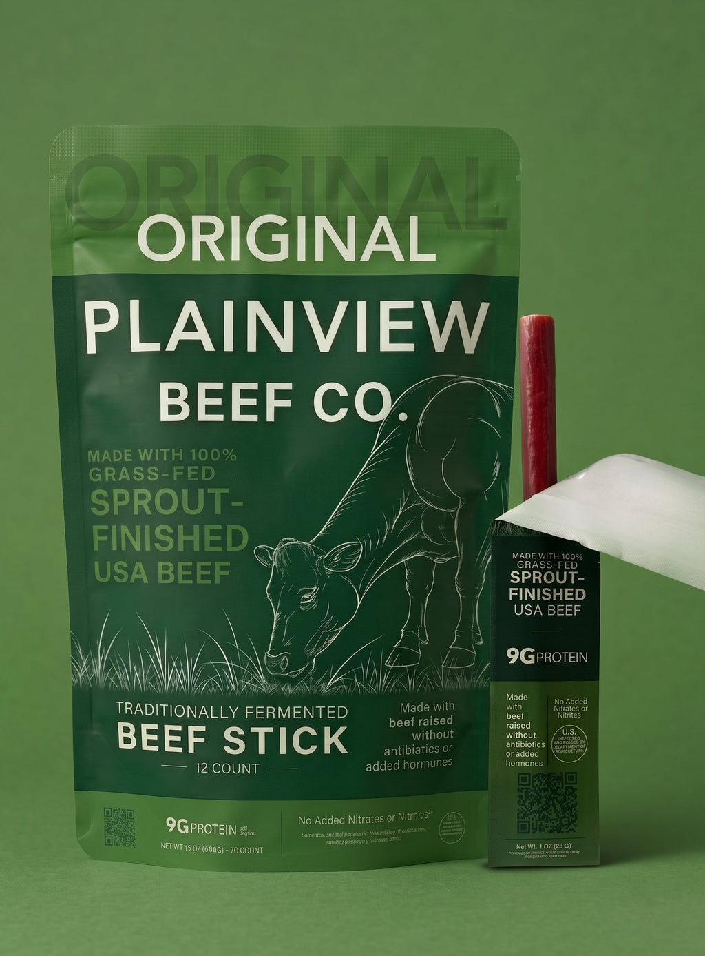 Original beef stick package with green label, standing beef stick sleeve, 9g protein